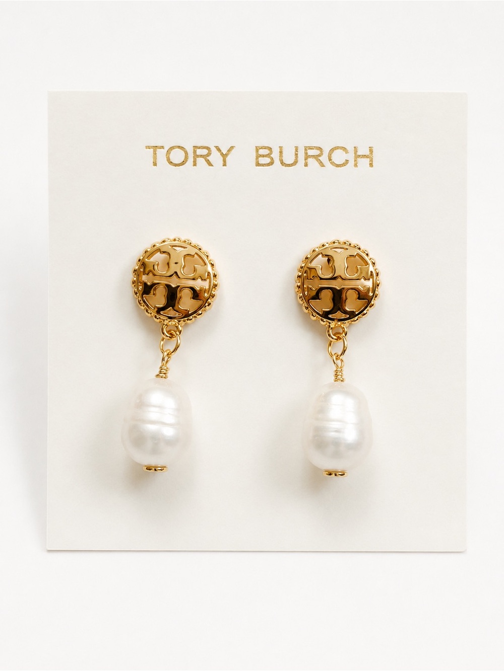 Tory Burch Gold Logo Earrings with Pearl Drops
